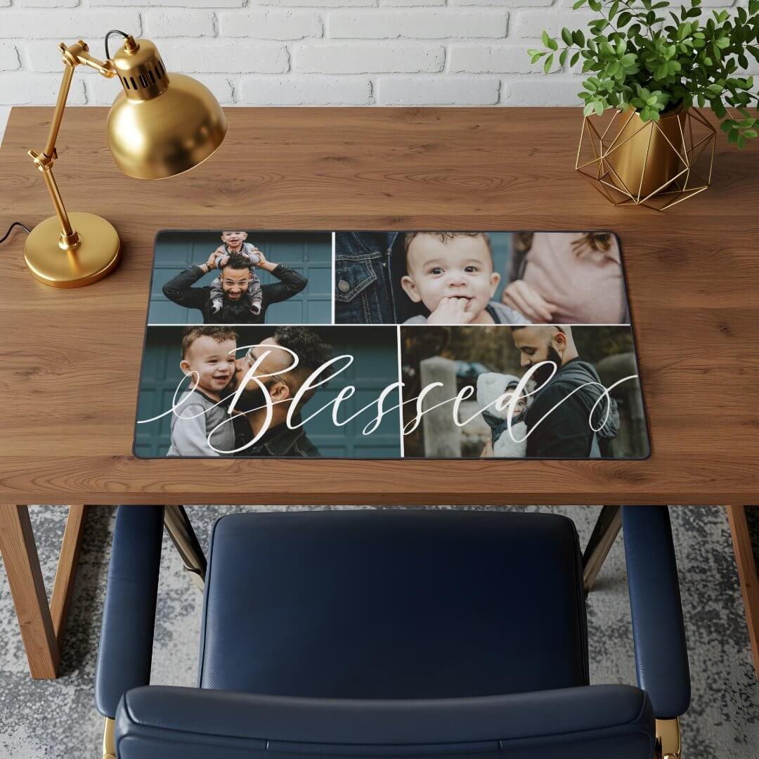 Blessed Script | Happy Fathers Day 4 Photo Collage Desk Mat