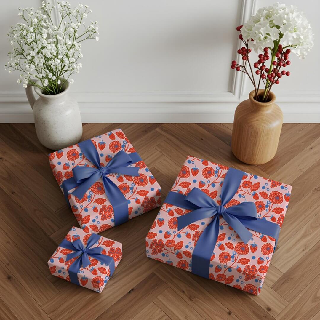 Cute Berry Sweet Strawberry Blueberry Baby Shower Wrapping Paper