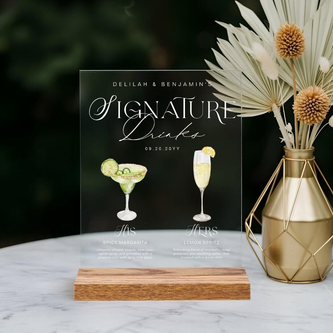 Elegant Watercolor His Her Signature Drink Wedding Acrylic Sign
