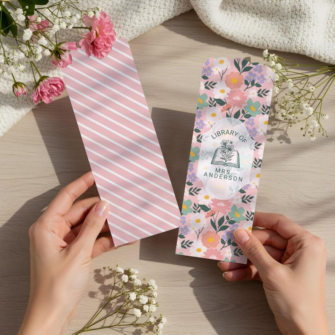 From The Library Open Book Floral Pink Teacher Bookmarks