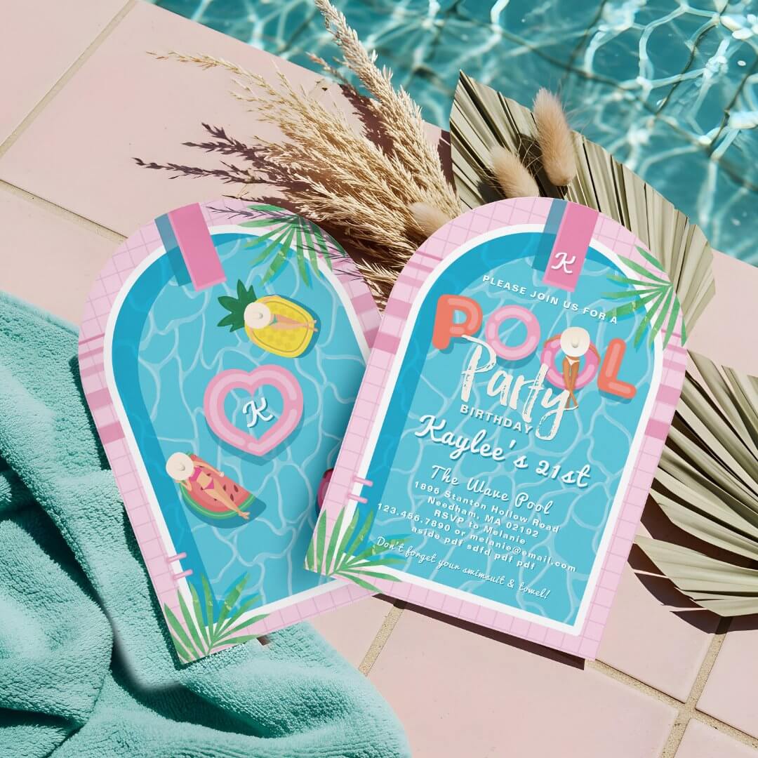 Fun Pink Tropical Palm Summer Pool Party Birthday Invitation