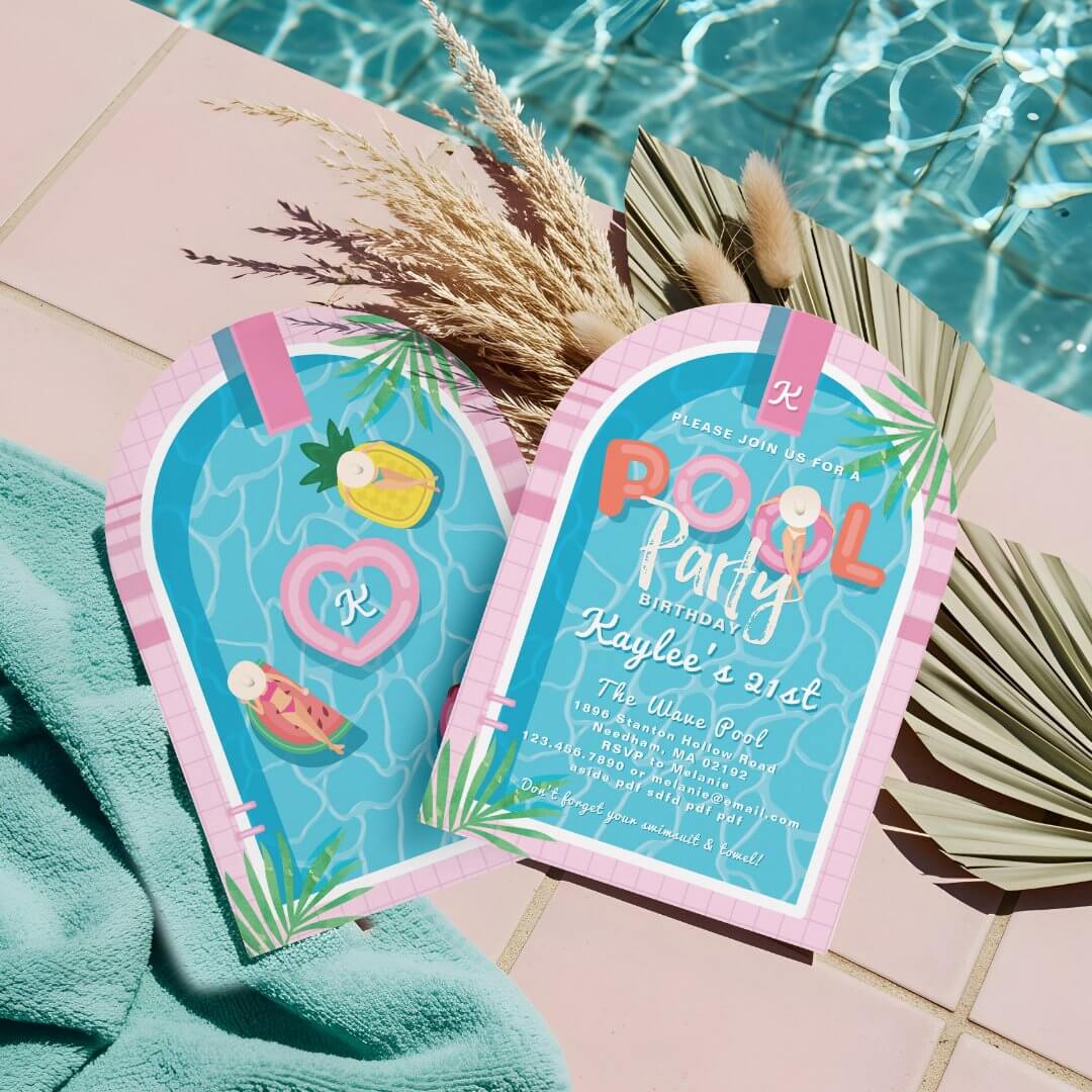 Fun Pink Tropical Palm Summer Pool Party Birthday Invitation