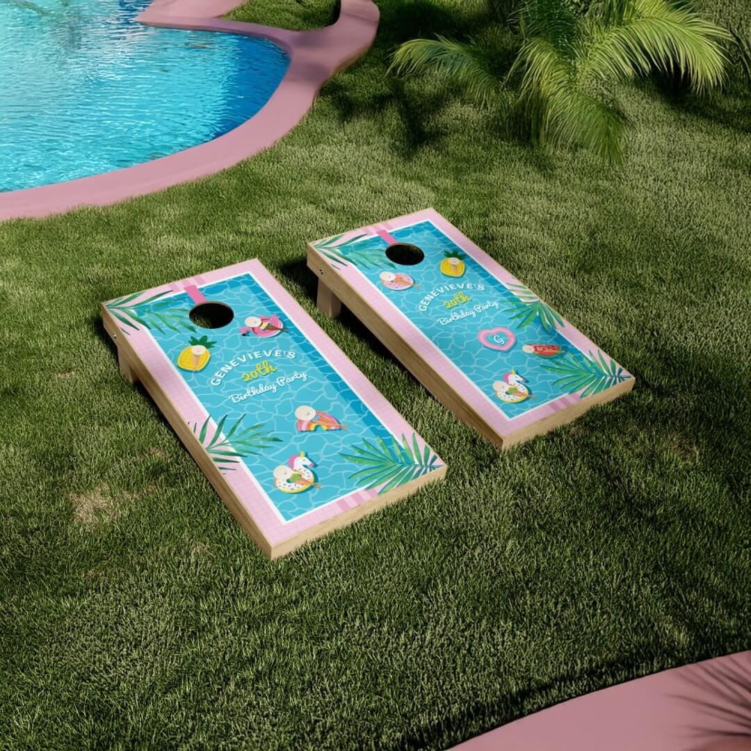 Fun Retro Pink Tropical Summer Pool Party Birthday Cornhole Set