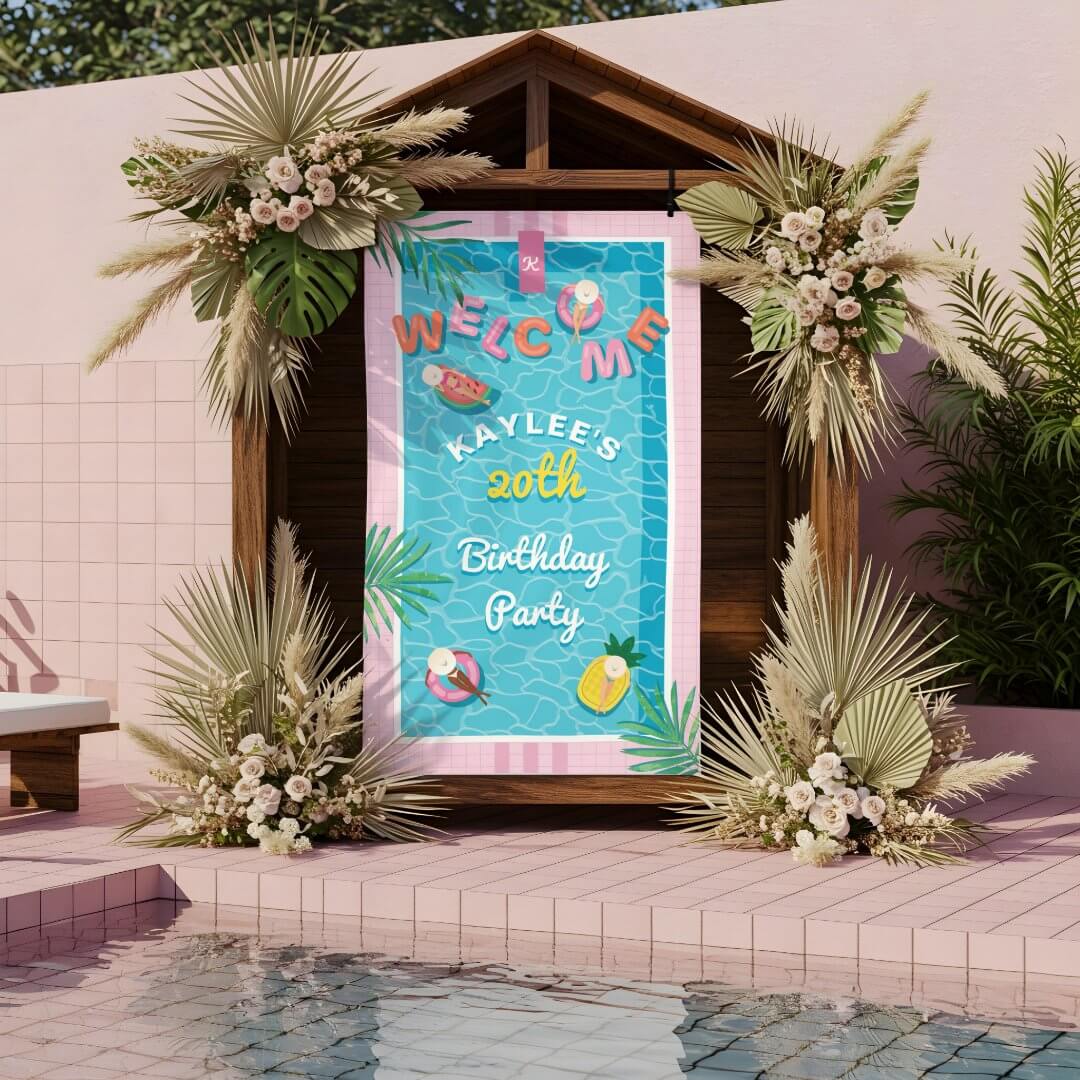 Fun Tropical Pink Pool Birthday Party Welcome Bann Banner
