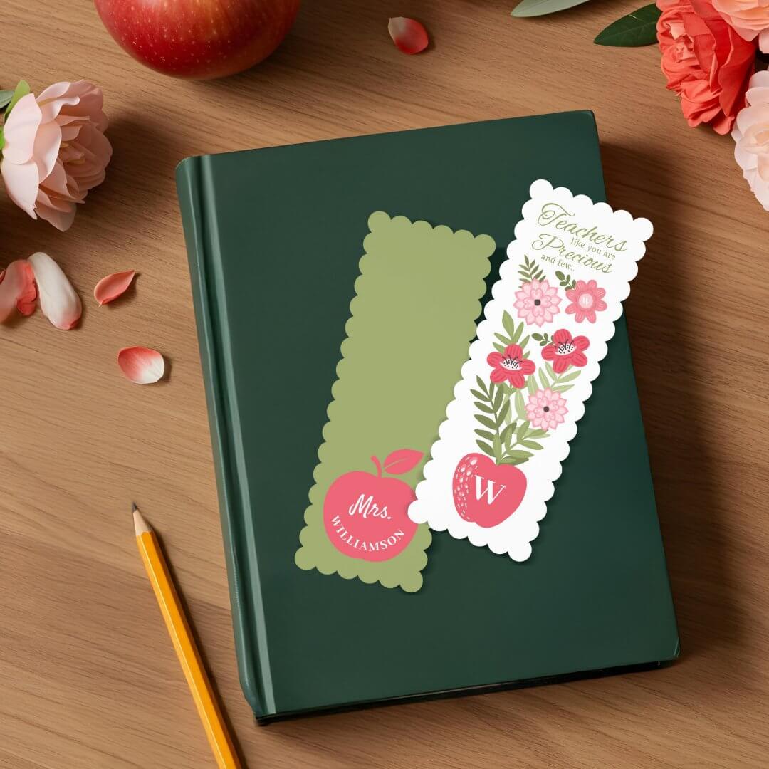 Gift for Best Teacher Floral Garden Apple Monogram Bookmarks