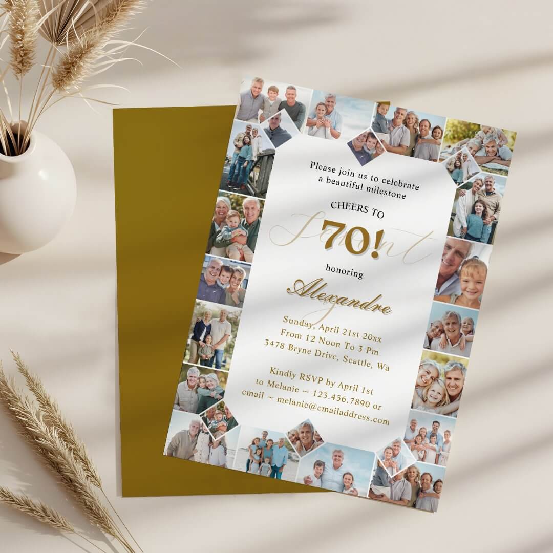Happy Birthday Cheers To 70 Years Photo Collage Invitation
