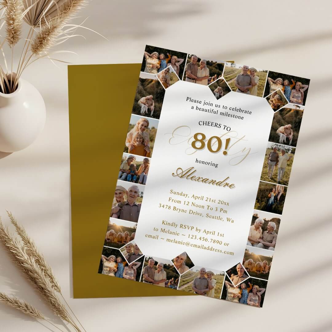 Happy Birthday Cheers To 80 Years Photo Collage Invitation