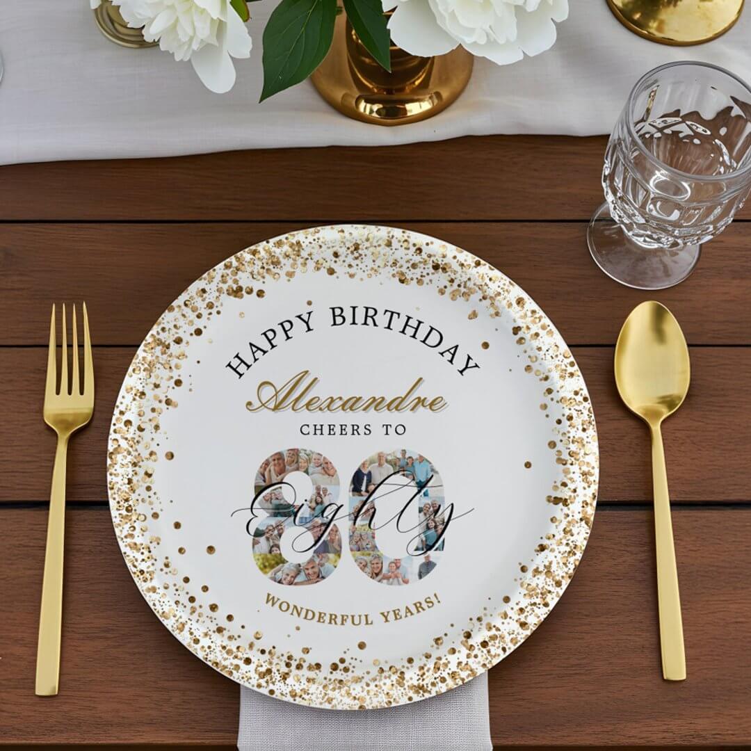 HAPPY BIRTHDAY CHEERS TO 80 YEARS PHOTO COLLAGE PAPER PLATES