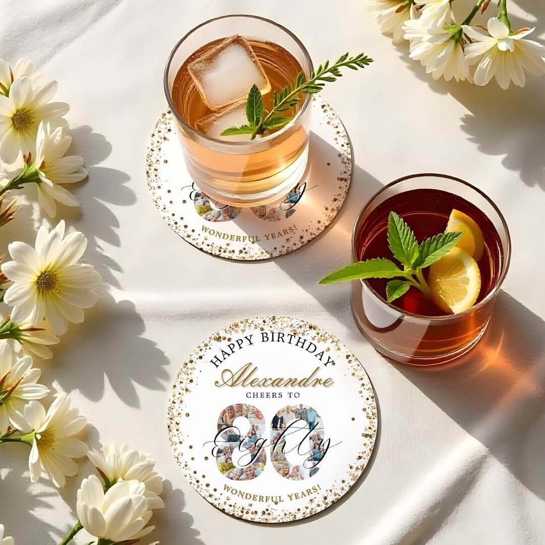 Happy Birthday Cheers To 80 Years Photo Collage Round Paper Coaster