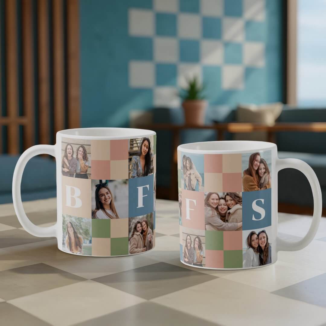 Modern Retro BFFS Checkerboard Pattern Photo Grid Coffee Mug