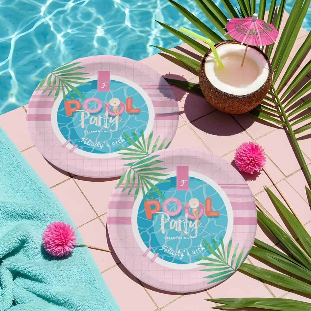 Tropical Pink & Blue Summer Birthday Pool Party Paper Plates