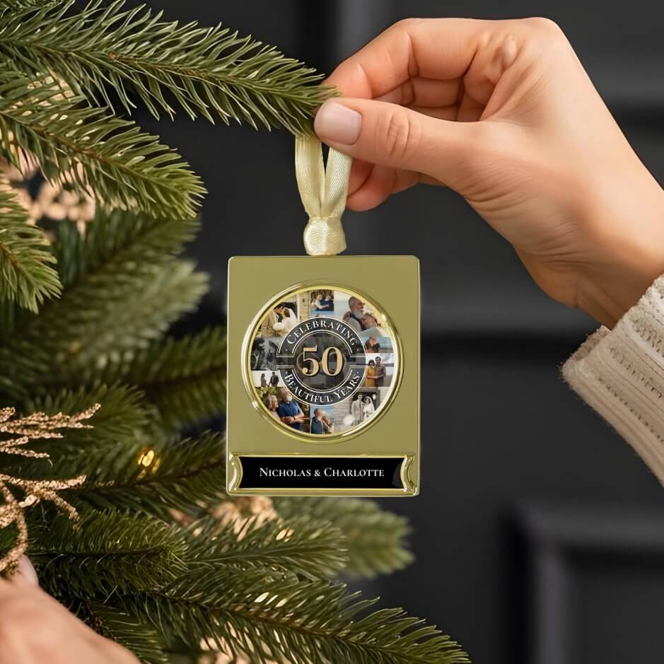 50 Years Golden Anniversary Infinity Photo Collage Gold Plated Banner Ornament