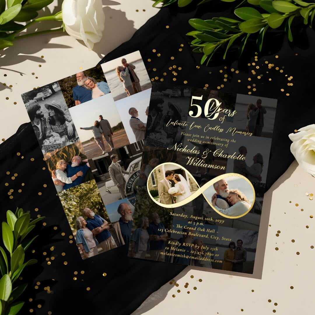 50 Years Love Infinity Photo Collage Anniversary Foil Invitation