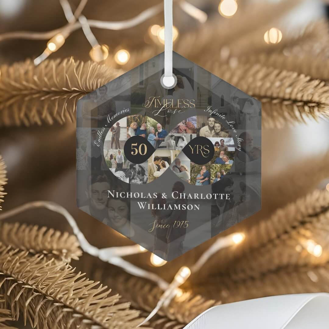50th Wedding Anniversary Infinity Photo Collage Glass Ornament