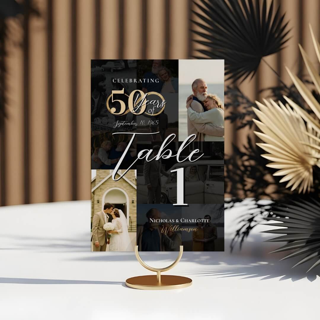 50th Wedding Anniversary Then & Now Photo Collage Table Number