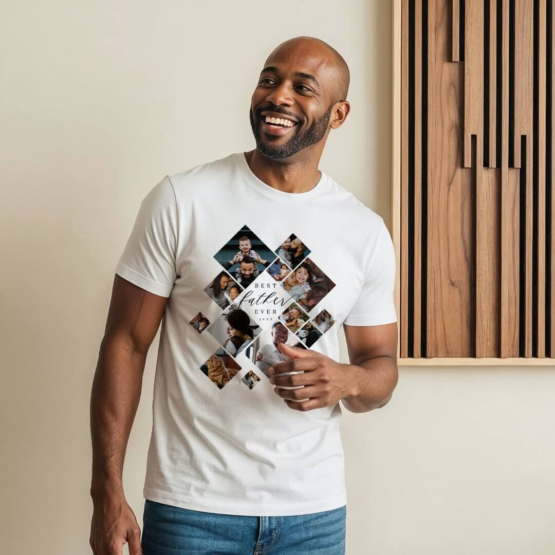 Best Father Ever Modern Photo Collage Personalized White Tri-Blend Shirt
