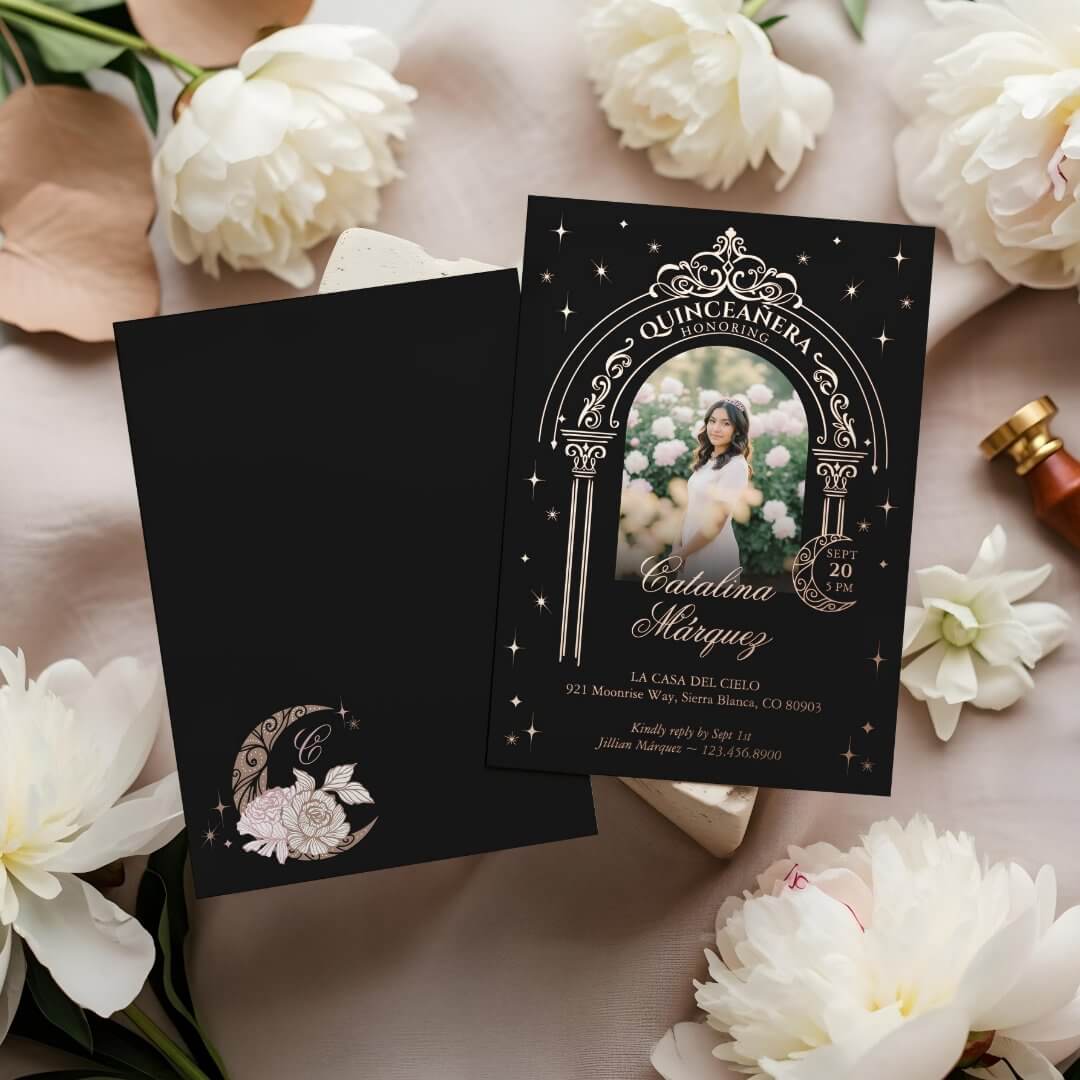 Celestial Moon Star Tiara Arch Photo Quinceañera Foil Black Invitation