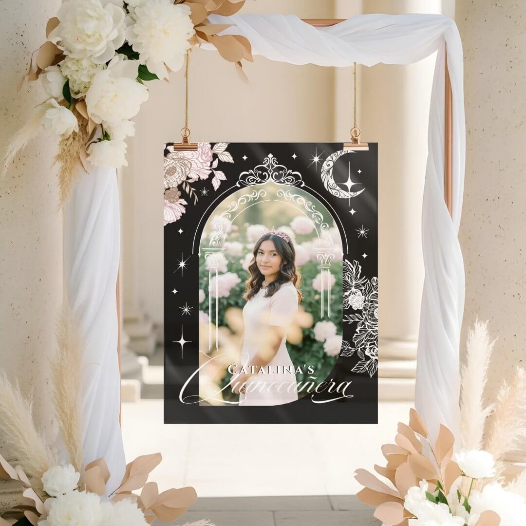 Chic Floral Celestial Moon Stars Photo Quinceanera Black Acrylic Sign