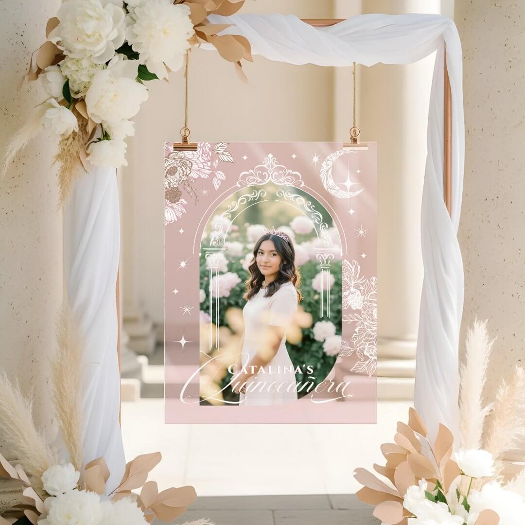 Chic Floral Celestial Moon Stars Photo Quinceanera Pink Acrylic Sign