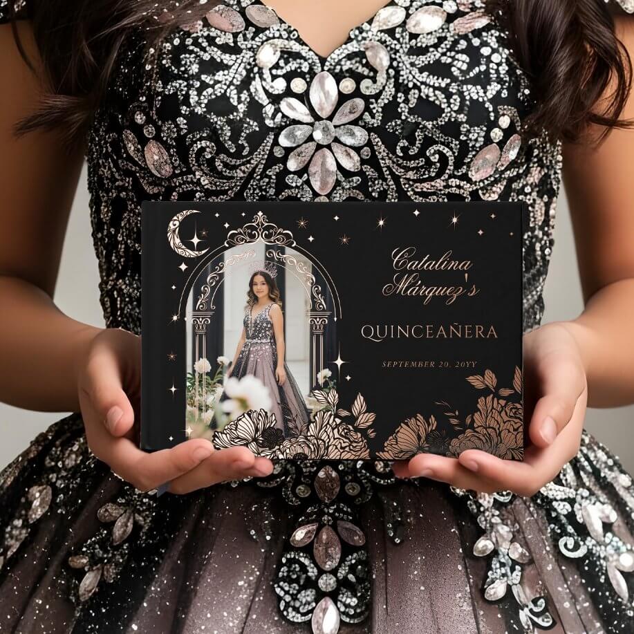 Chic Floral Celestial Moon Stars Photo Quinceañera Foil Guest Book