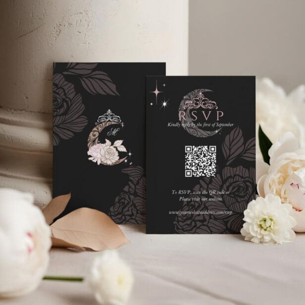 Classy Floral Moon Stars Tiara Quinceañera QR Code Black RSVP Card