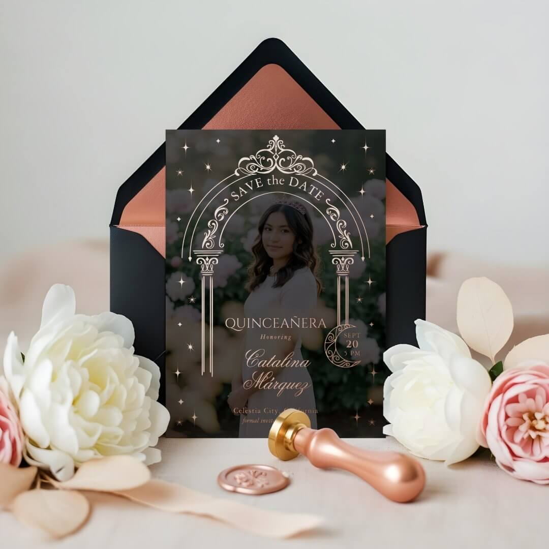 Classy Starry Moon Photo Quinceañera Save the Date Foil Invitation