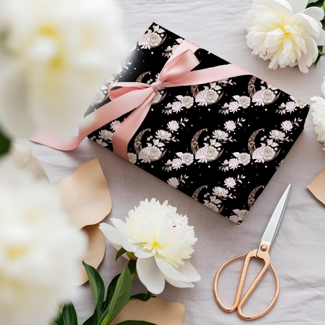 Elegant Black Floral Peony Celestial Moon & Stars Black Wrapping Paper