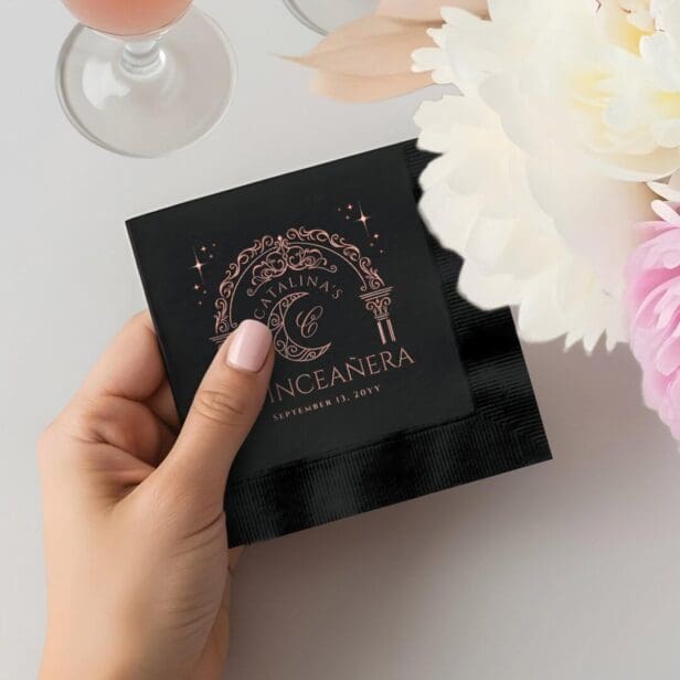Elegant Celestial Moon Tiara Quinceanera Monogram Foil Napkins