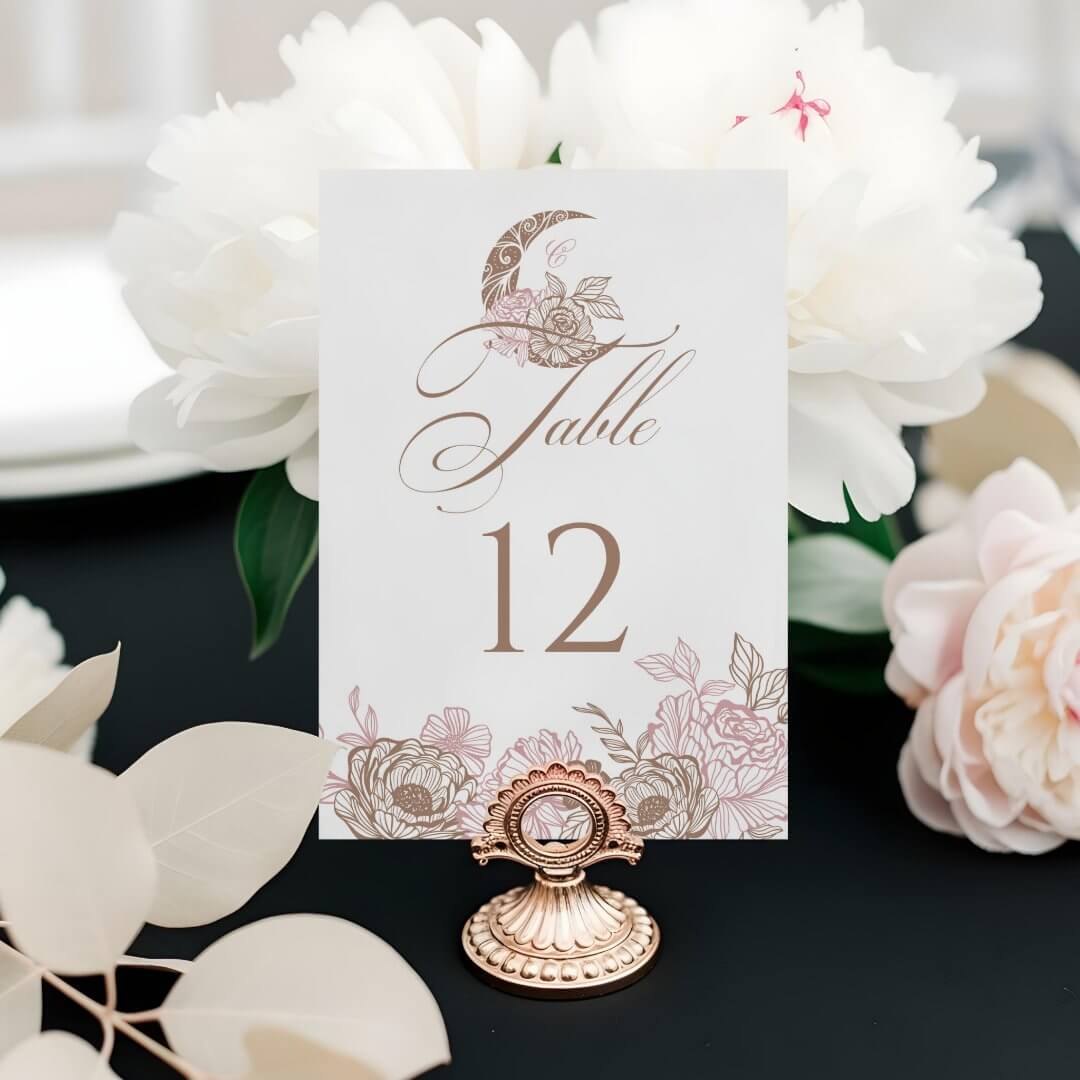 Elegant Floral Celestial Moon Star Quinceanera Table Number