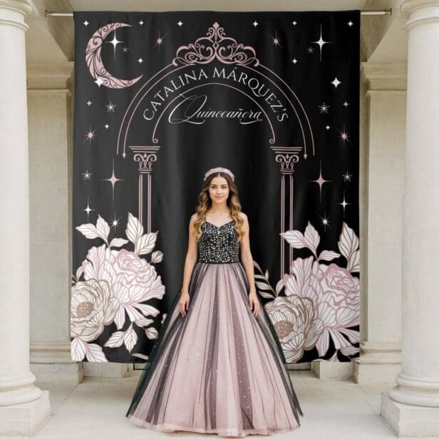 Elegant Floral Celestial Moon Stars Quinceañera Black Tapestry