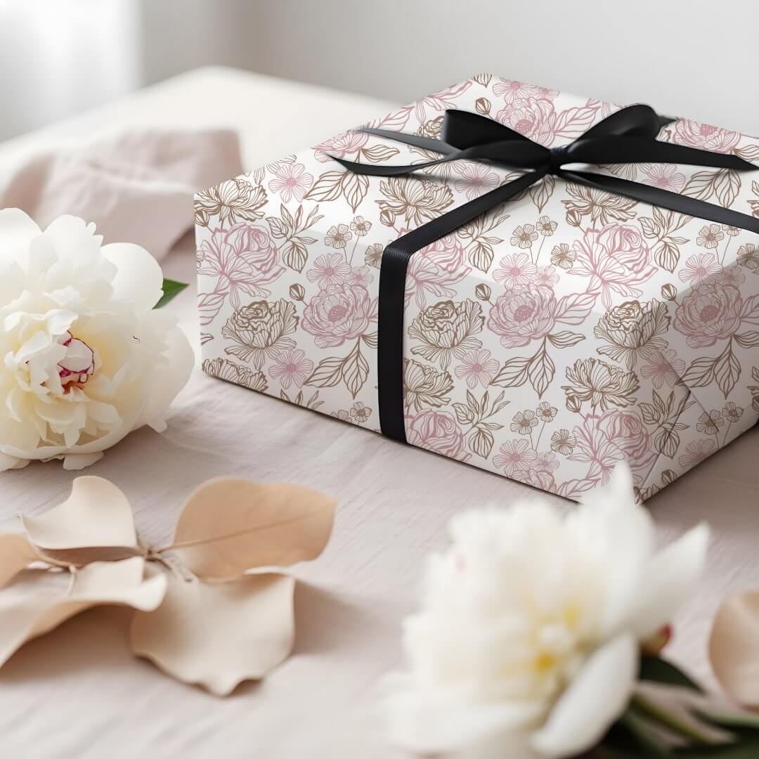 Elegant Hand-Drawn Peony & Leaf Floral Pattern Pink Wrapping Paper