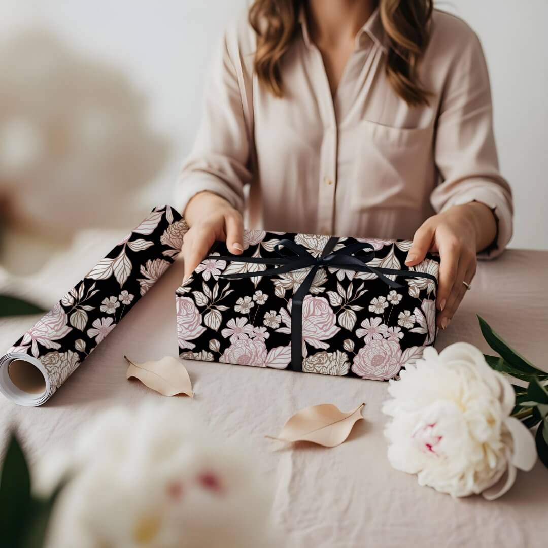 Elegant Hand-Drawn Peony & Leaf Floral Pattern Black Wrapping Paper