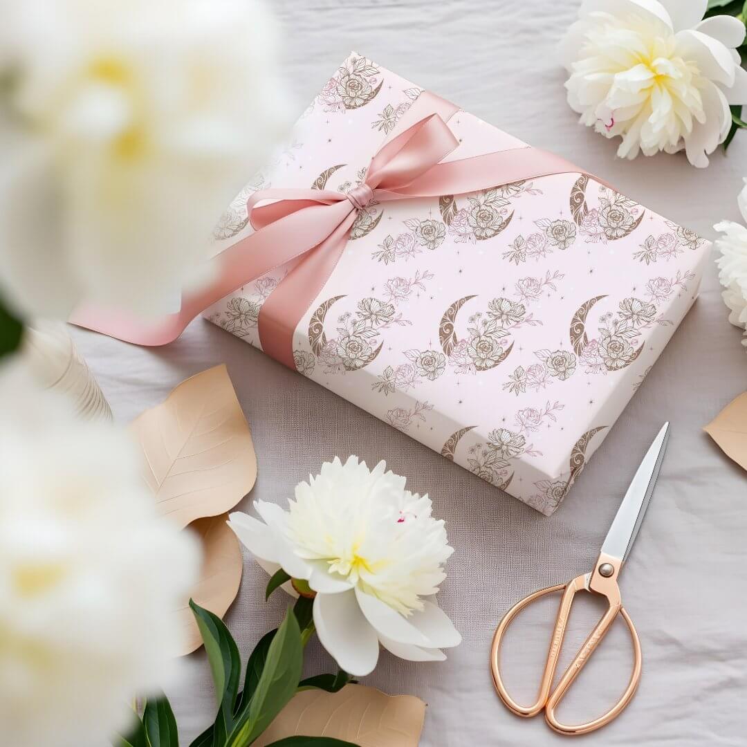 Elegant Pink Floral Peony Celestial Moon & Stars Pink Wrapping Paper