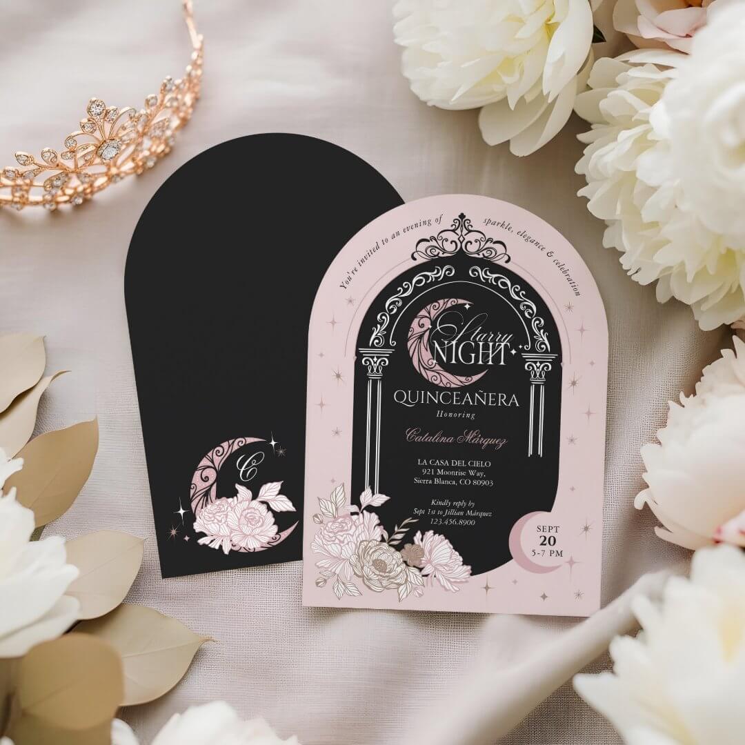 Elegant Pink Florals Moon Stars Tiara Quinceañera Pink Black Arch Invitation