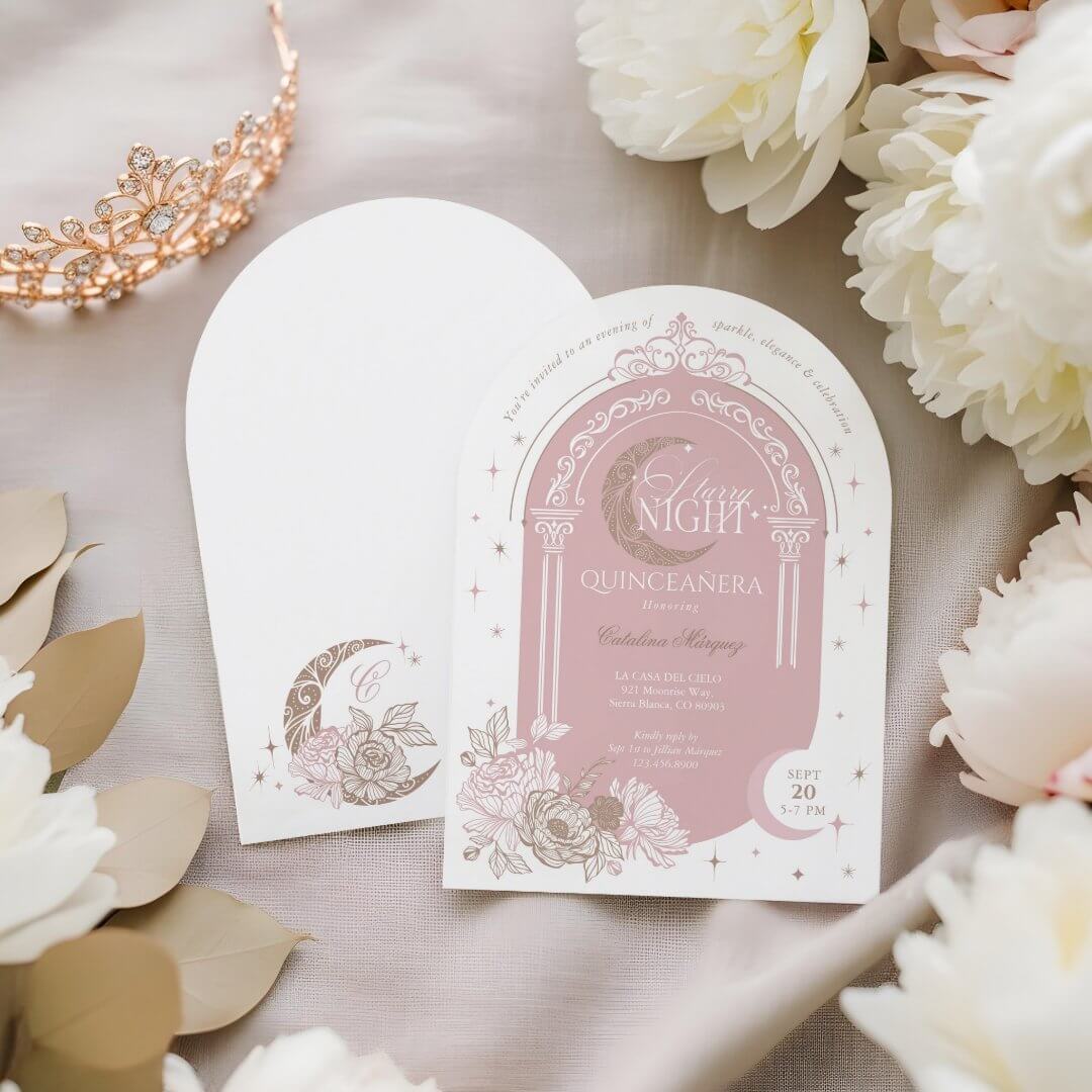 Elegant Pink Florals Moon Stars Tiara Quinceañera Pink Arch Invitation
