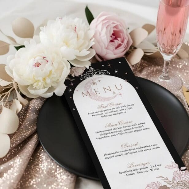 Elegant Pink Florals Moon Stars Tiara Quinceañera Menu