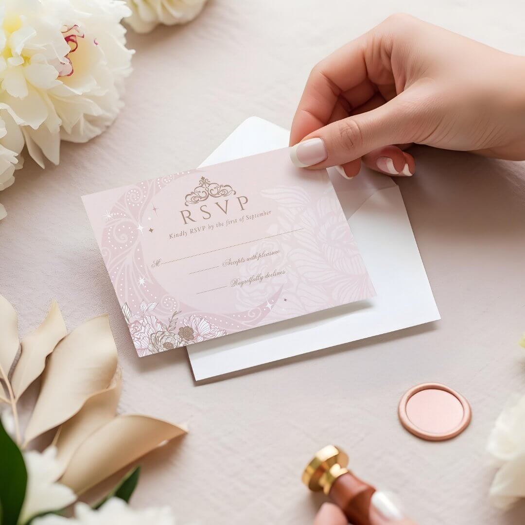 Elegant Pink Florals Moon Stars Tiara Quinceañera RSVP Card