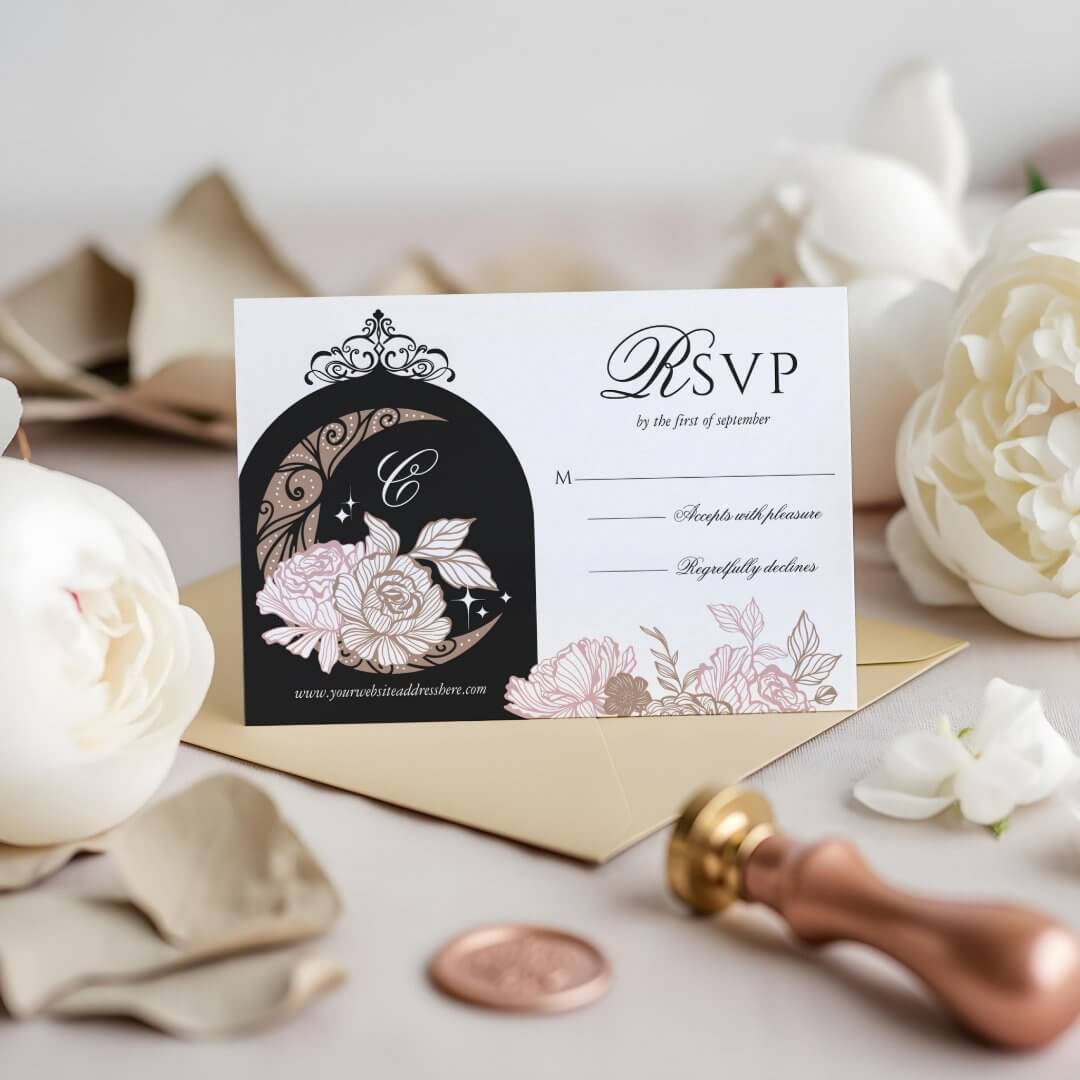 Elegant Pink Florals Moon Stars Tiara Quinceañera Black RSVP Card