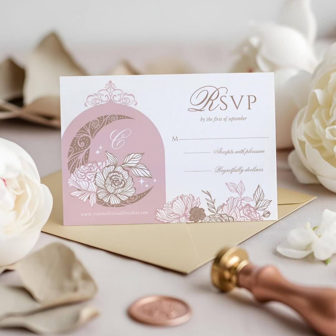 Elegant Arch Pink Florals Moon Stars Tiara Quinceañera RSVP Card