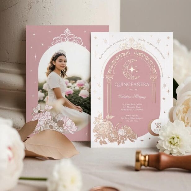 Floral Celestial Moon Star Tiara Quinceanera Photo Foil Pink Invitation