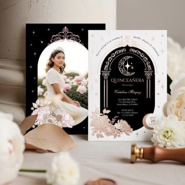 Floral Celestial Moon Star Tiara Quinceanera Photo Foil Black Invitation