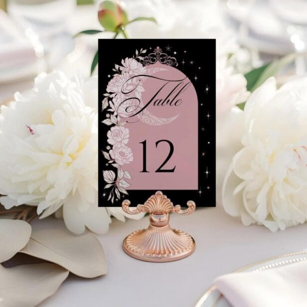 Floral Celestial Moon Star Tiara Quinceanera Photo Table Number