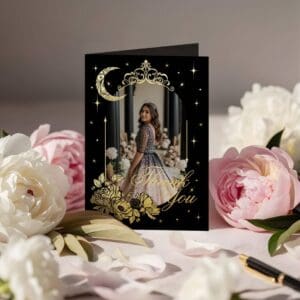 Floral Celestial Moon Stars Quinceañera Thank You Foil Black Greeting Card
