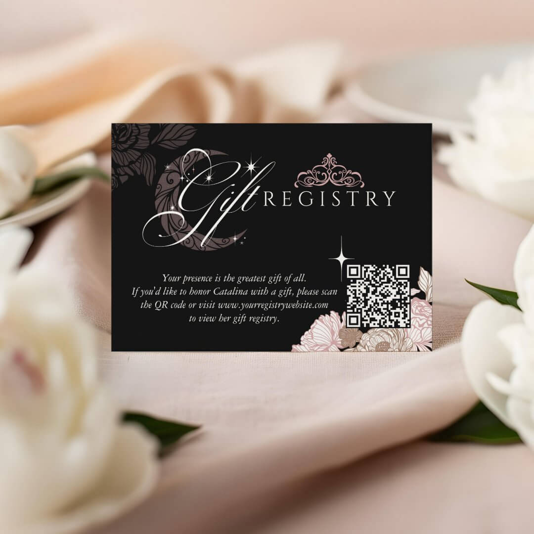 Floral Moon Star Quinceañera QR Code Gift Registry Black Enclosure Card
