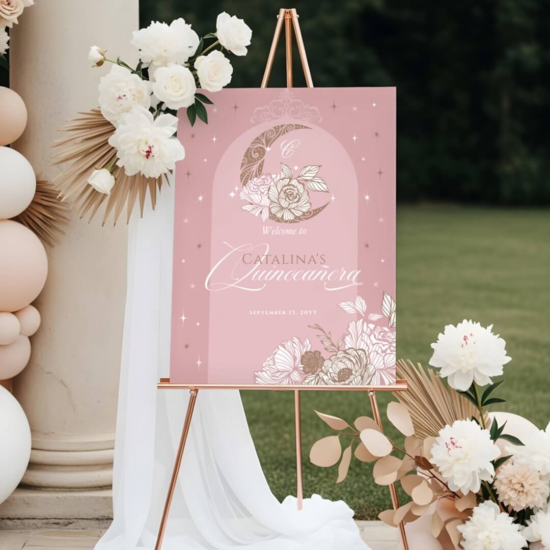 Floral Pink Celestial Moon Quinceanera Welcome Foam Board