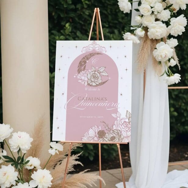 Floral Pink White Celestial Moon Quinceanera Welcome Foam Board