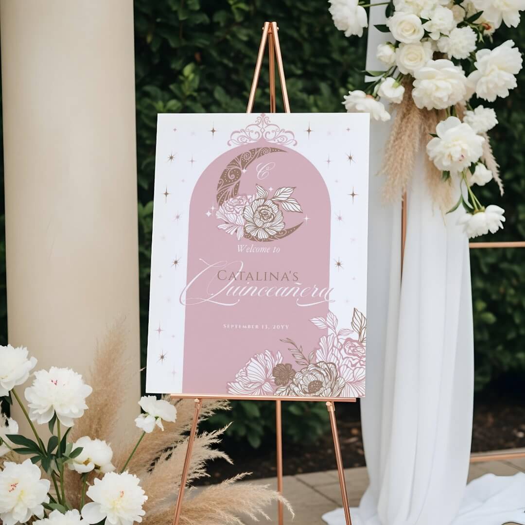 Floral Pink White Celestial Moon Quinceanera Welcome Foam Board
