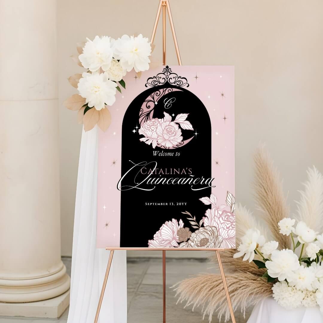 Floral Pink Black Celestial Moon Quinceanera Welcome Foam Board