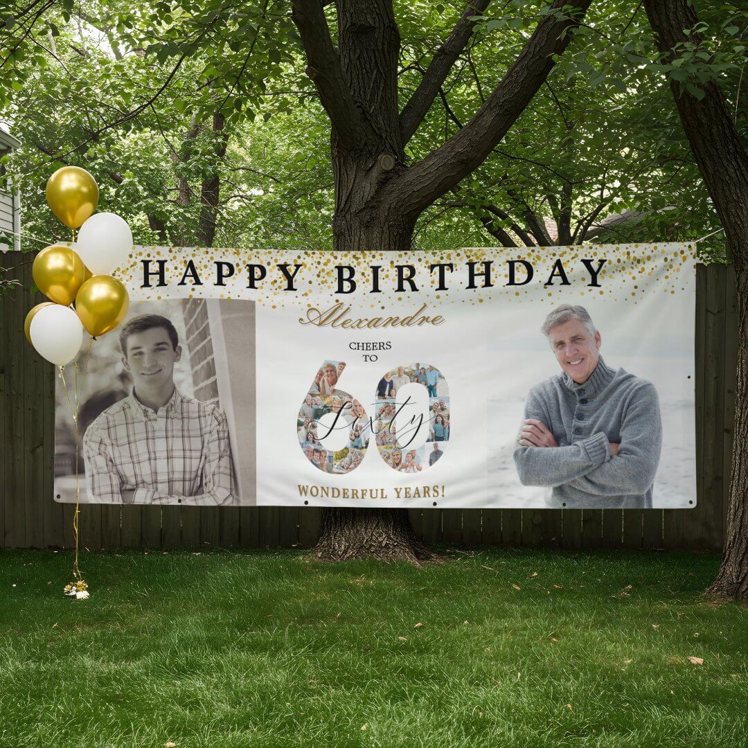 Happy Birthday Cheers To 60 Years Photo Then & Now Banner
