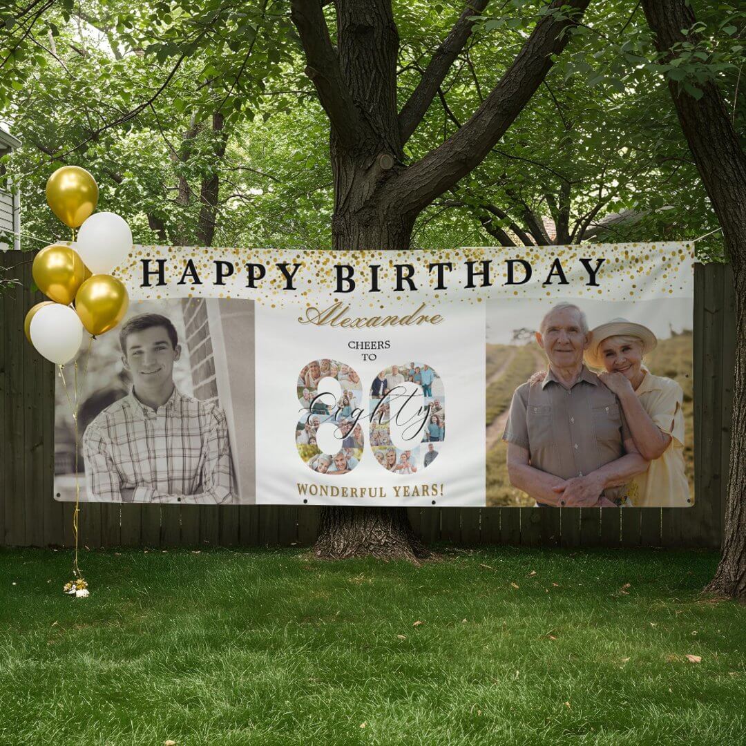 Happy Birthday Cheers To 80 Years Photo Then & Now Banner